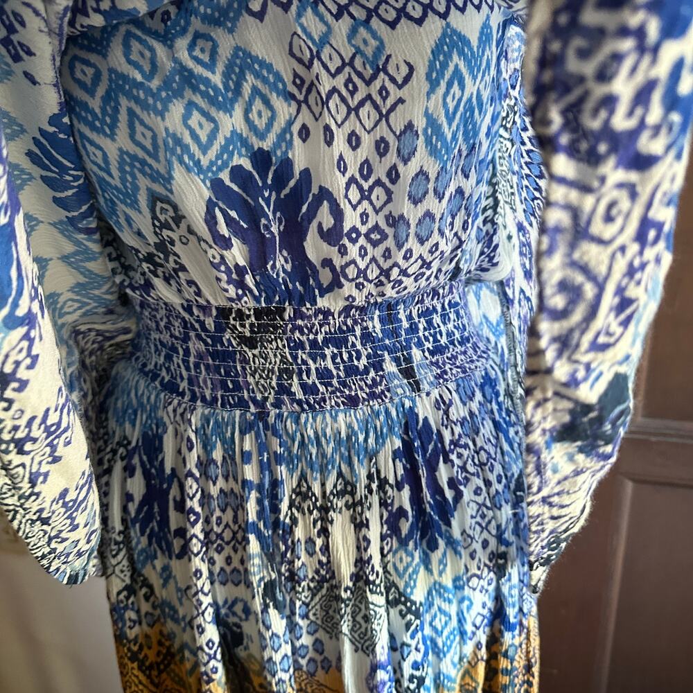 RAGA | Blue and Mustard Boho Tiered Midi Halter Neck Ruffle Sundress | Small - Picture 3 of 7